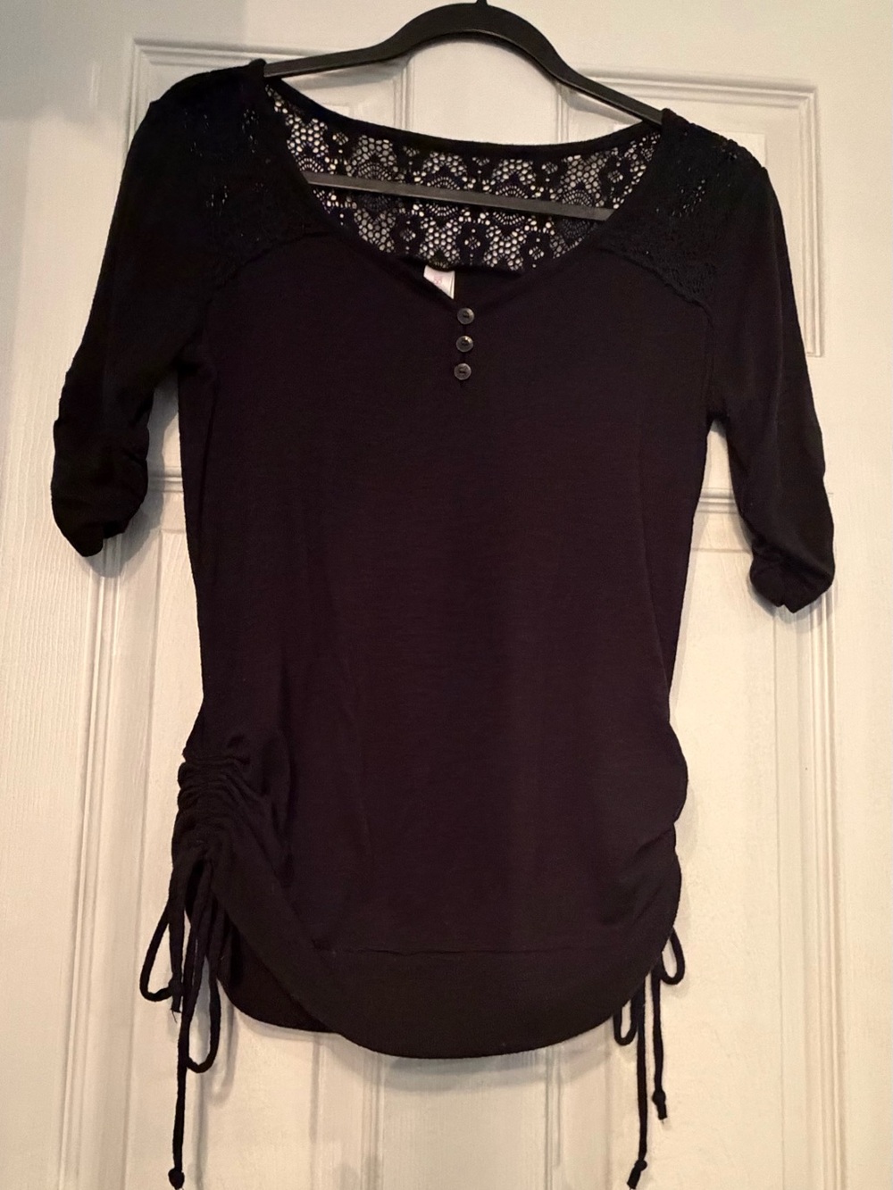 SO Black Lace-Yoke Henley Tunic with Side Ruching